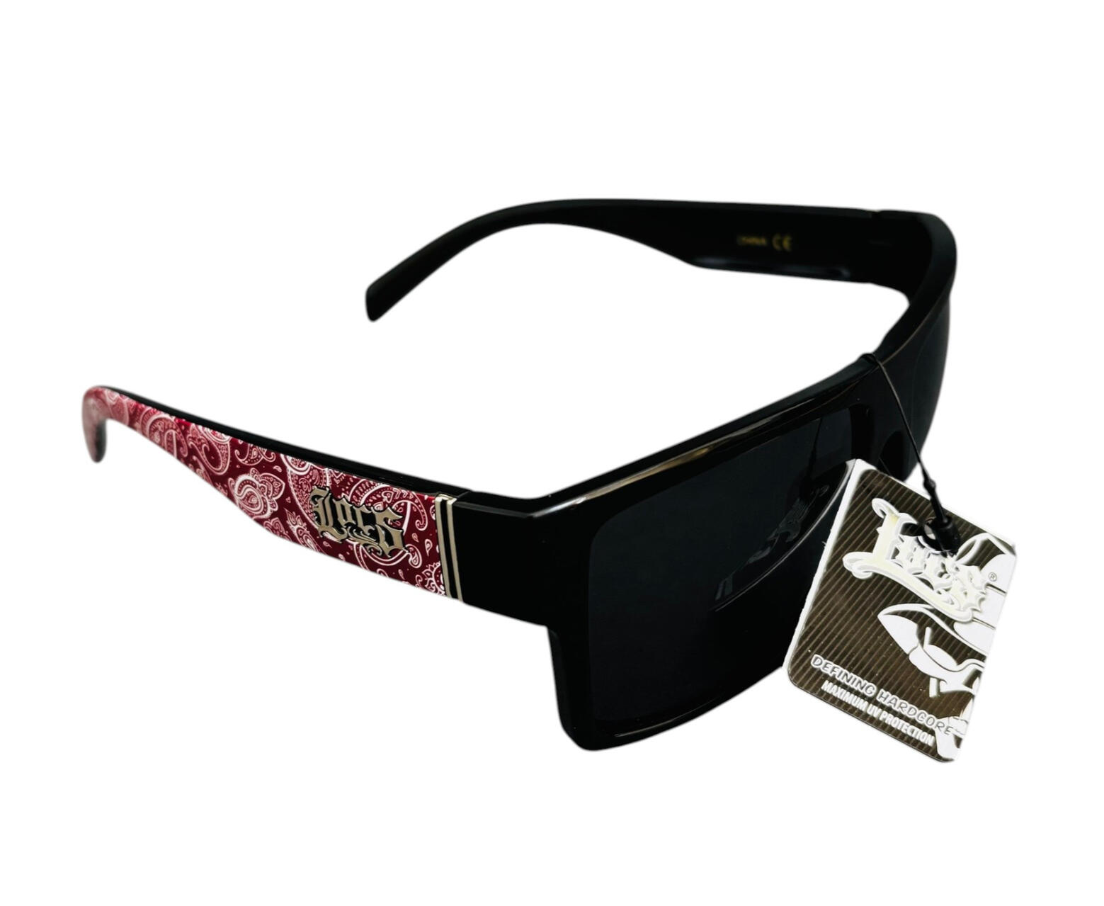 Lunettes Locs - Imprimé Bandana Rouge branches larges - 91280 BDNA RED Lunettes de soleil Locs noires avec motif bandana rouge sur les branches larges style West Coast lowrider skate biker
