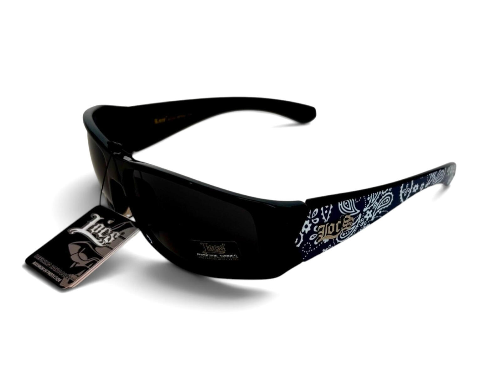 Lunettes Locs wraparound - Imprimé Bandana Bleu - 91114 BDNA BLUE Lunettes de soleil Locs noires wraparound avec imprime bandana bleu sur les branches style streetwear