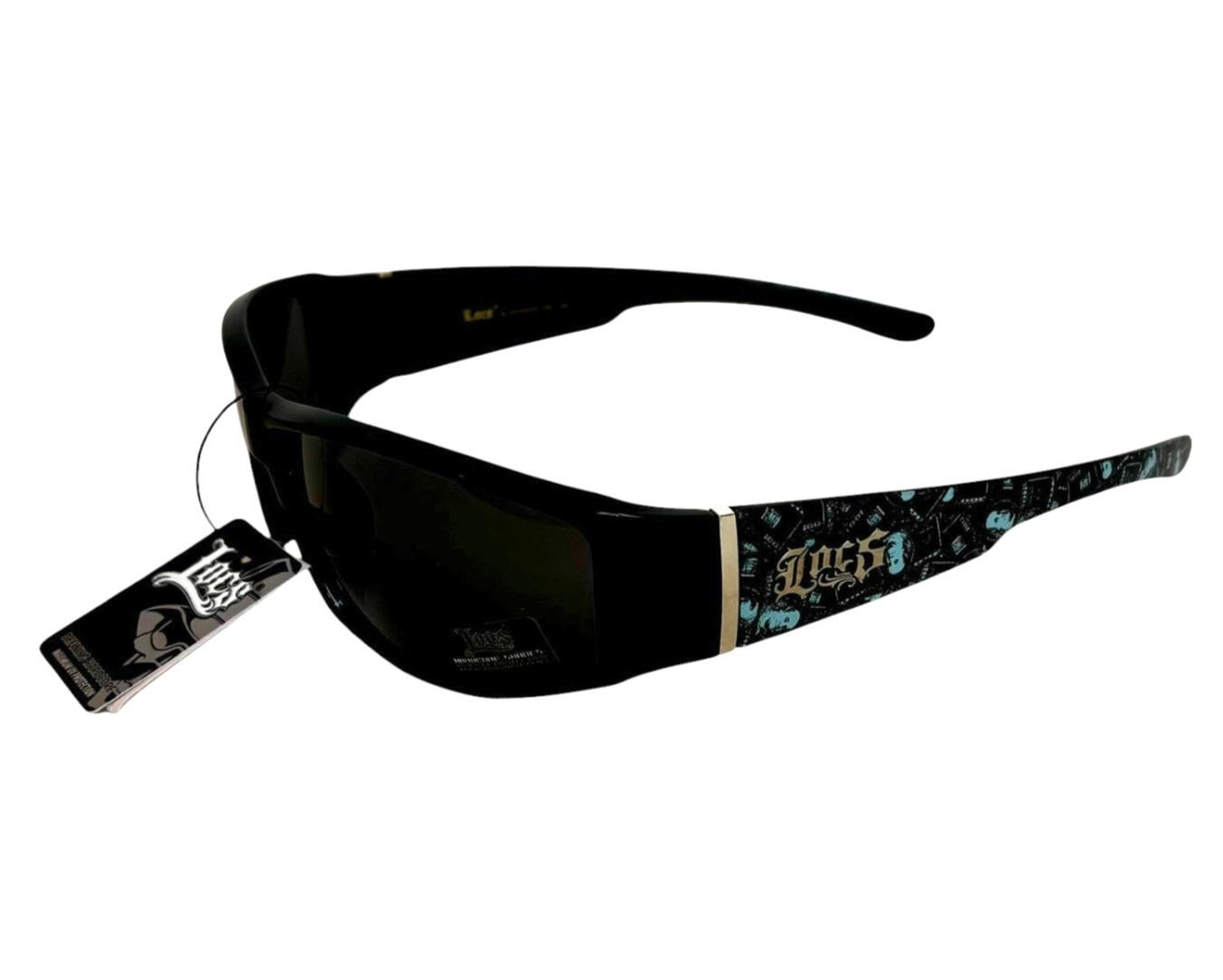 Lunettes Locs - Motifs Bleus et Argentés - 91310 100 BLUE Lunettes de soleil Locs noires avec motifs graphiques bleus et argentés sur les branches style West Coast